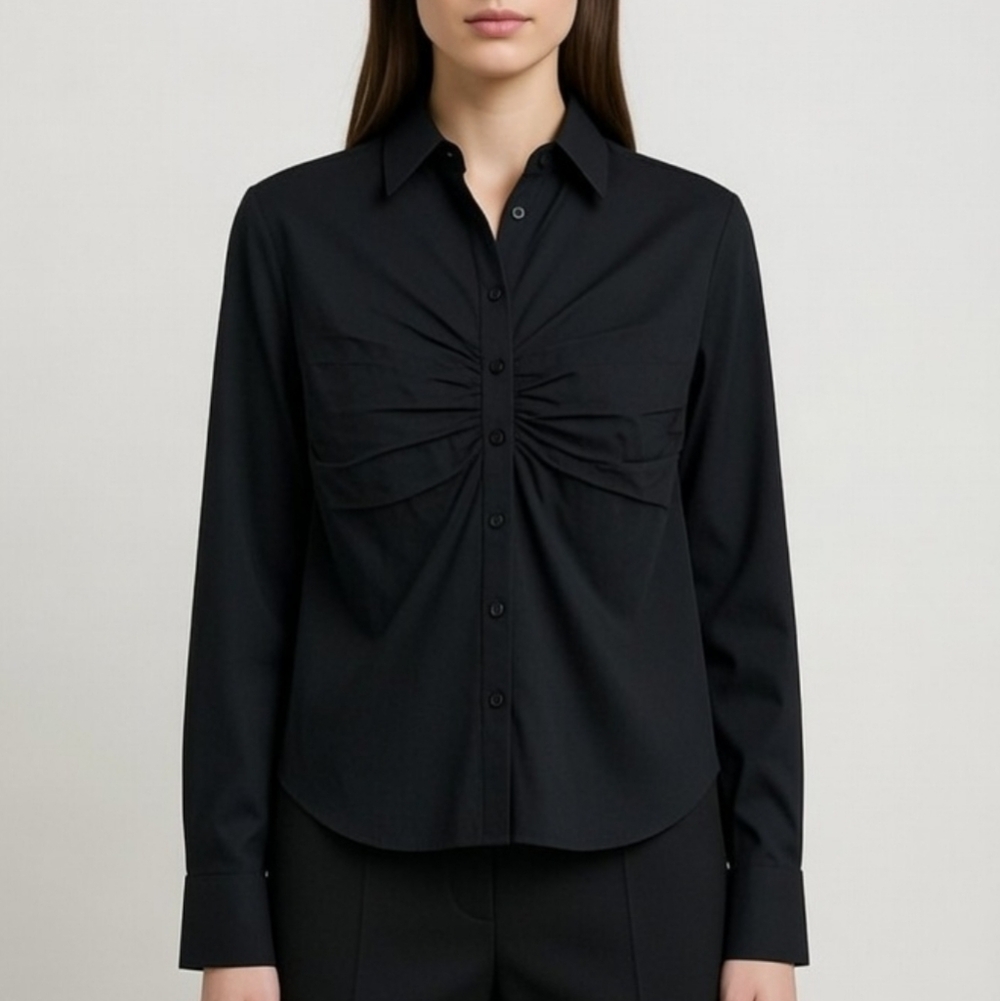 Vintage Harve Benard Ruched Button Down Blouse Black XL Long Sleeve Work Office